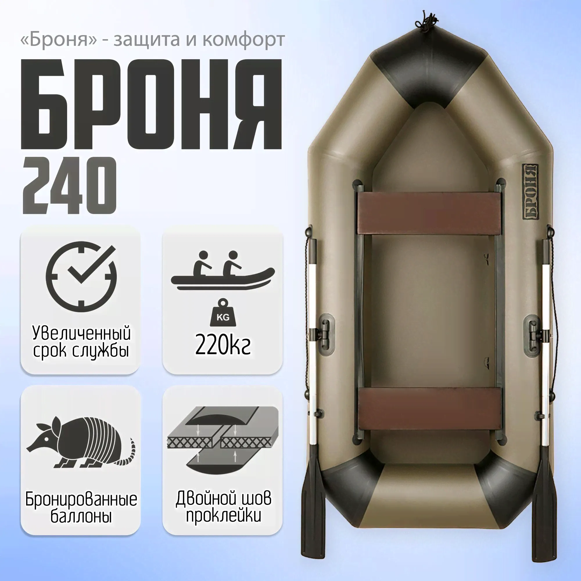 Лодка гребная Броня-240, Клееные швы, с усилением