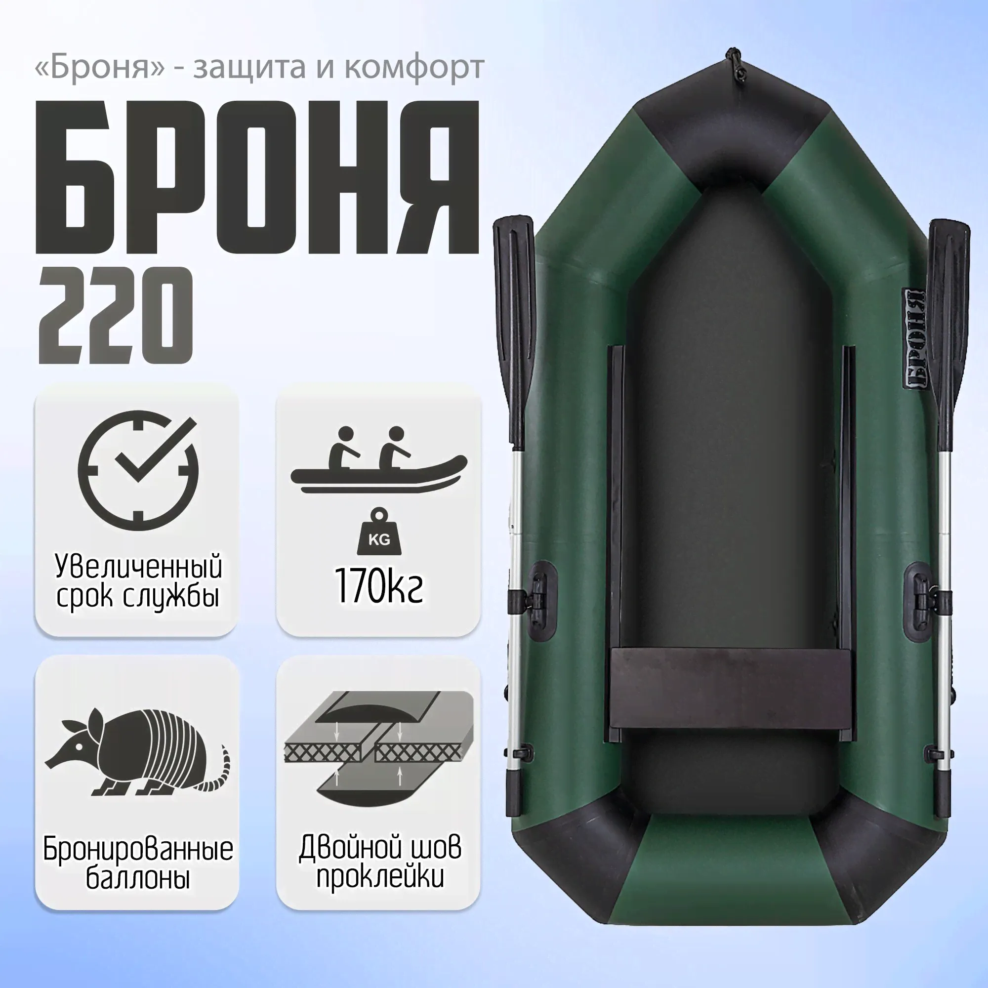 Лодка гребная Броня-220, Клееные швы, с усилением